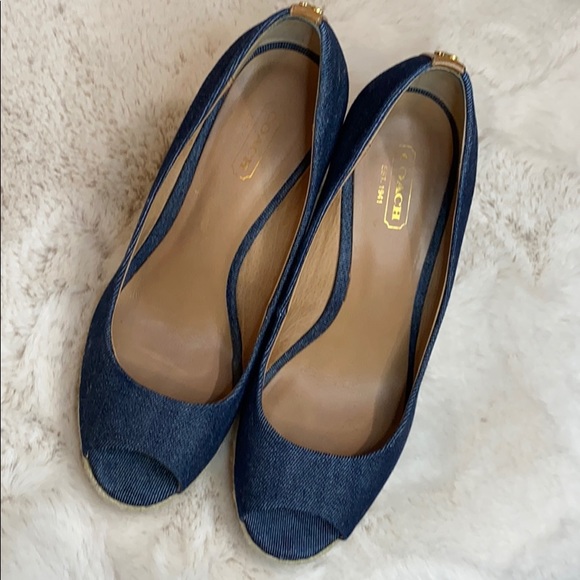 COACH Milan Denim Platform Wedge Peep-toe Sandals - Picture 4 of 7